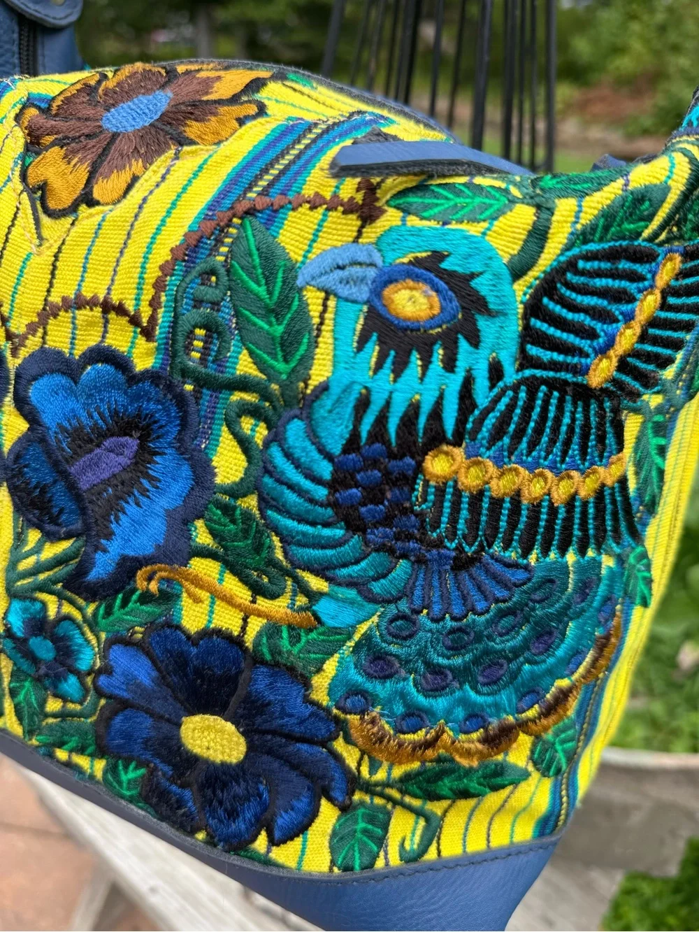Embroidered Floral Shoulder Bag - Blue & Yellow